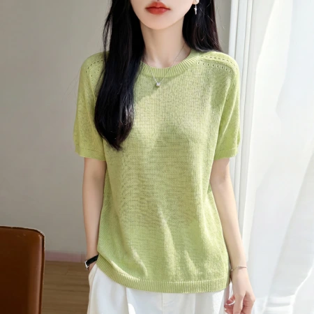 Spring/Summer 2026 new Tencel linen one-piece ready-to-wear round-neck knitted sweater short-sleeved solid color hollowed-out T-shirt top Spring/Summer 2026 new Tencel linen one-piece ready-to-wear round-neck knitted sweater short-sleeved solid color hollowed-out T-shirt top